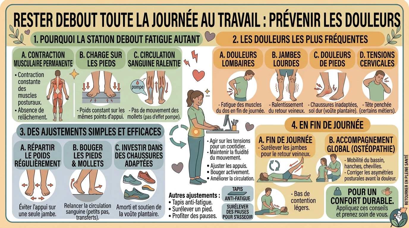 Rester debout toute la journée au travail : comment prévenir les douleurs
