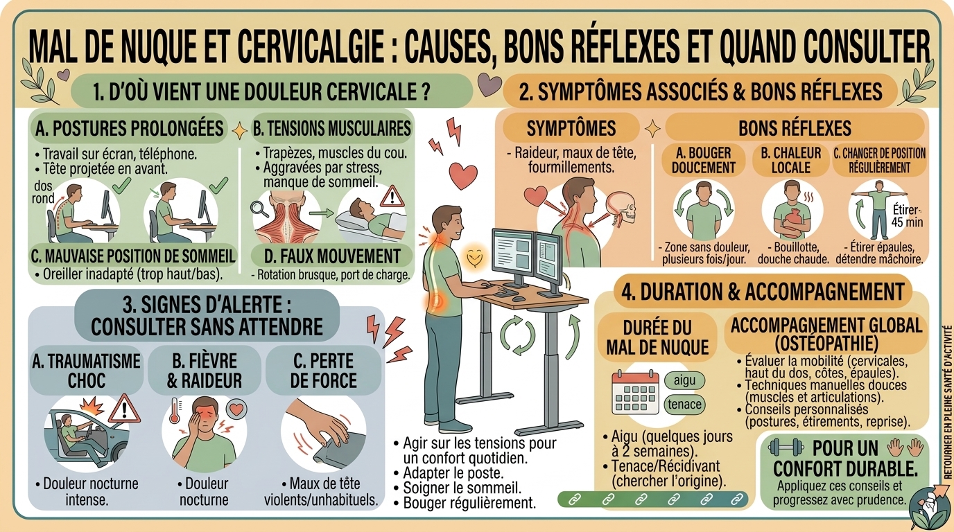 Mal de nuque et cervicalgie : causes, bons réflexes et quand consulter